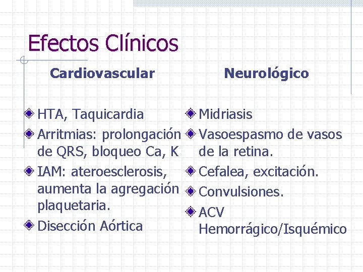 Efectos Clínicos Cardiovascular HTA, Taquicardia Arritmias: prolongación de QRS, bloqueo Ca, K IAM: ateroesclerosis,