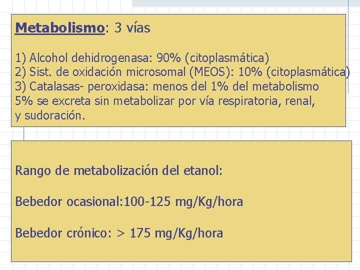 Metabolismo: 3 vías 1) Alcohol dehidrogenasa: 90% (citoplasmática) 2) Sist. de oxidación microsomal (MEOS):