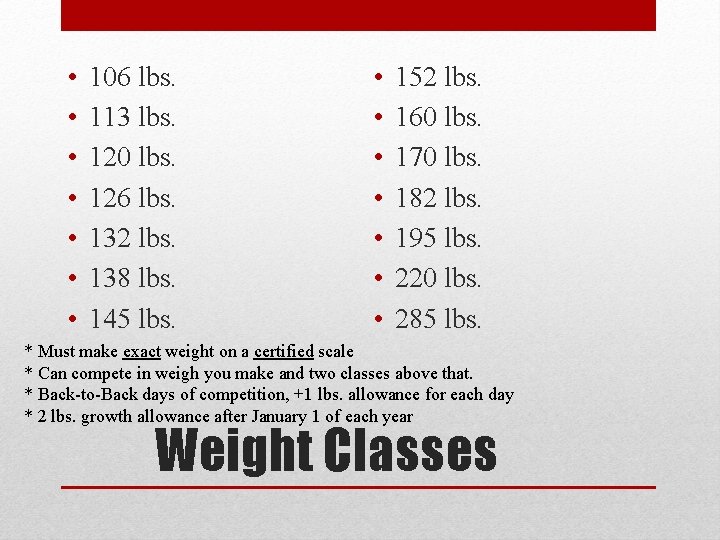  • • 106 lbs. 113 lbs. 120 lbs. 126 lbs. 132 lbs. 138