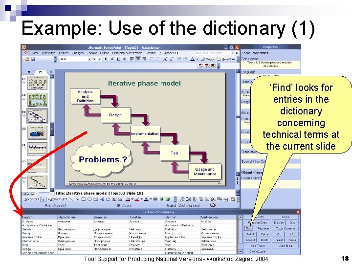 Example: Use of the dictionary (1) ‘Find’ looks for entries in the dictionary concerning