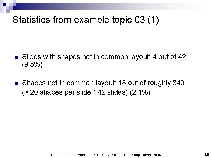 Statistics from example topic 03 (1) n Slides with shapes not in common layout: