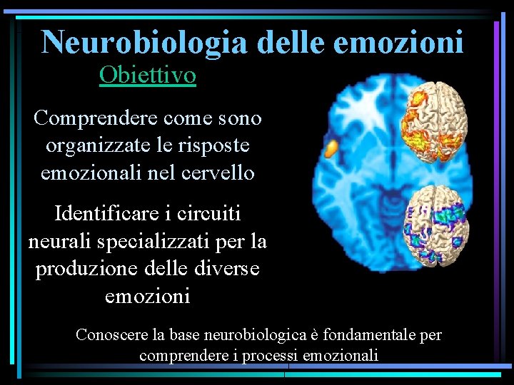 Neurobiologia delle emozioni Obiettivo Comprendere come sono organizzate le risposte emozionali nel cervello Identificare