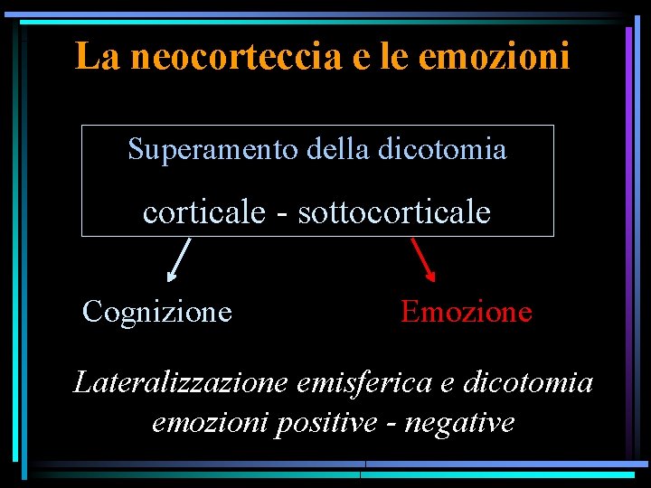 La neocorteccia e le emozioni Superamento della dicotomia corticale - sottocorticale Cognizione Emozione Lateralizzazione