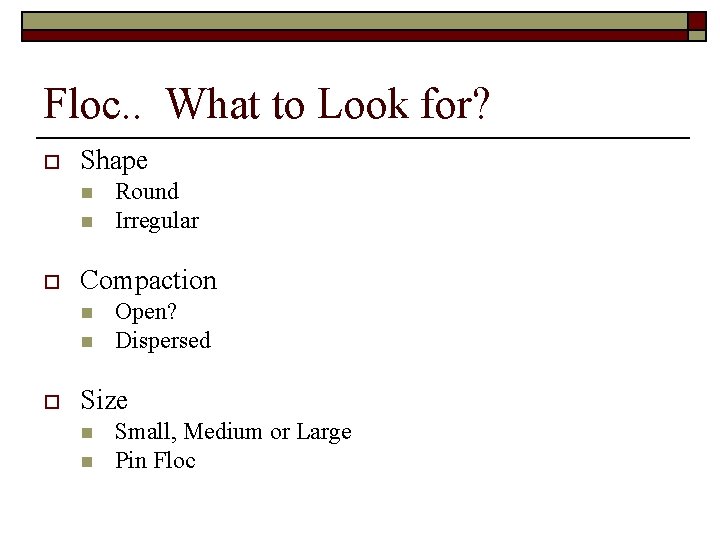 Floc. . What to Look for? o Shape n n o Compaction n n