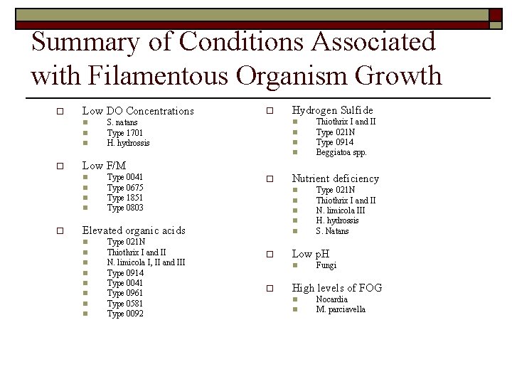 Summary of Conditions Associated with Filamentous Organism Growth o Low DO Concentrations n n