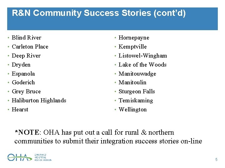 R&N Community Success Stories (cont’d) • Blind River • Hornepayne • Carleton Place •