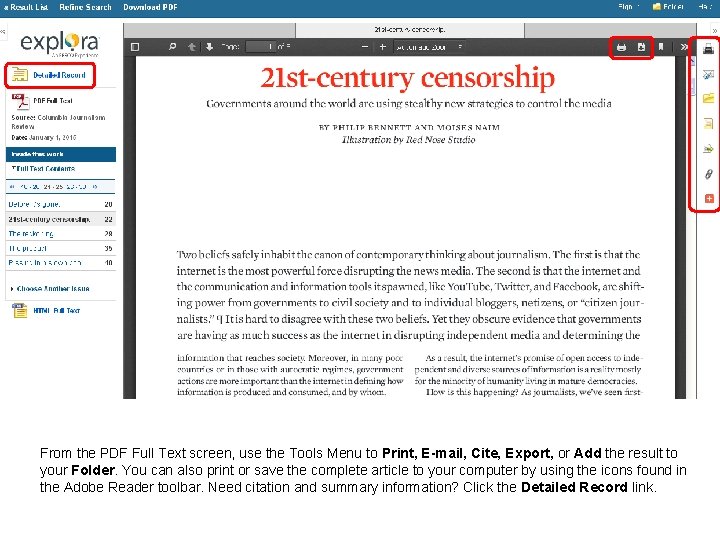 From the PDF Full Text screen, use the Tools Menu to Print, E-mail, Cite,