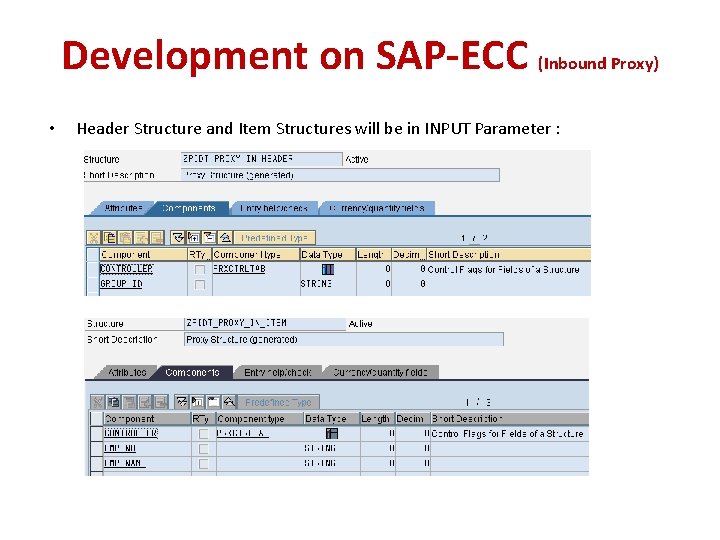 Development on SAP-ECC (Inbound Proxy) • Header Structure and Item Structures will be in Development on SAP-ECC (Inbound Proxy) • Header Structure and Item Structures will be in