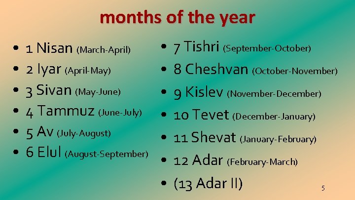 months of the year • • • 1 Nisan (March-April) 2 Iyar (April-May) 3