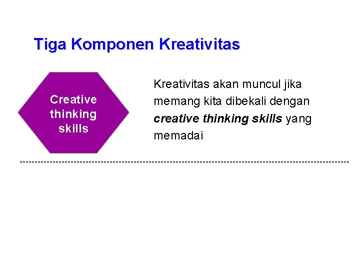 Tiga Komponen Kreativitas Creative thinking skills Kreativitas akan muncul jika memang kita dibekali dengan