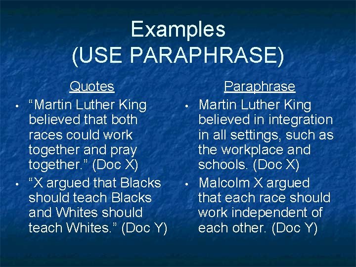Examples (USE PARAPHRASE) • • Quotes “Martin Luther King believed that both races could