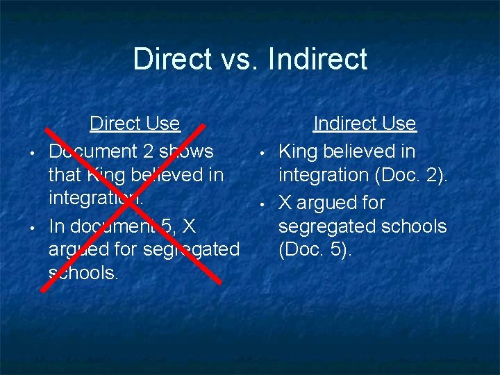Direct vs. Indirect • • Direct Use Document 2 shows that King believed in