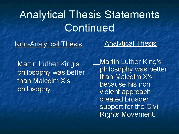 Analytical Thesis Statements Continued Non-Analytical Thesis Martin Luther King’s philosophy was better than Malcolm