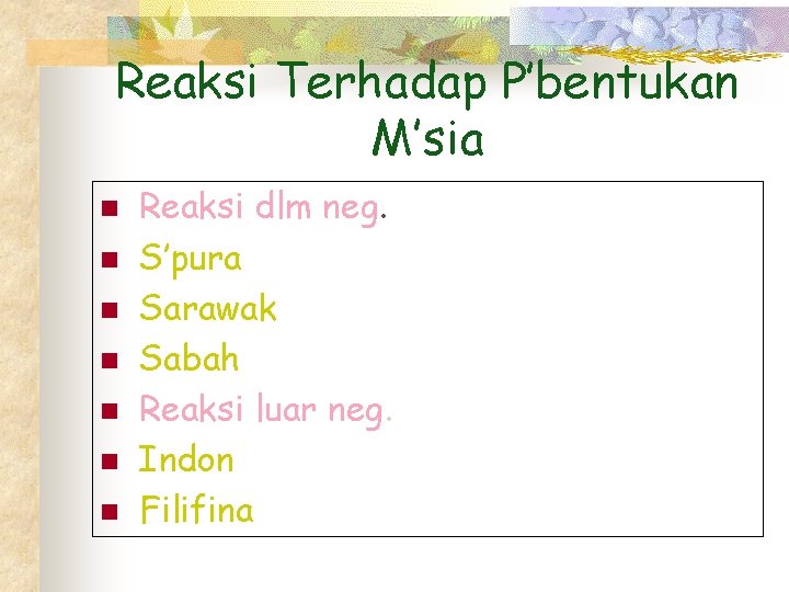 Reaksi Terhadap P’bentukan M’sia n n n n Reaksi dlm neg. S’pura Sarawak Sabah