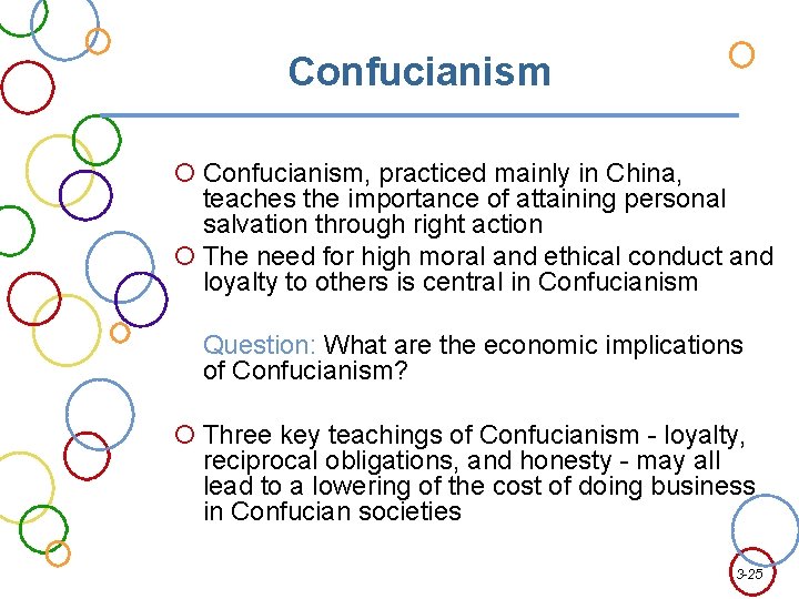 Confucianism Confucianism, practiced mainly in China, teaches the importance of attaining personal salvation through