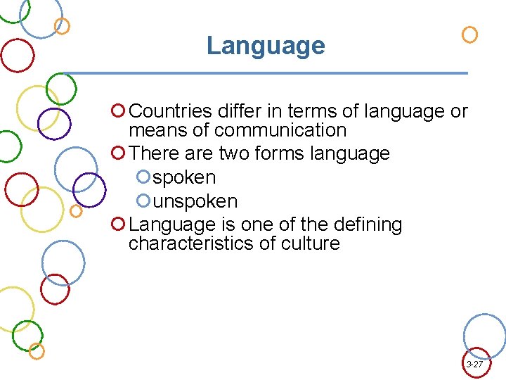 Language Countries differ in terms of language or means of communication There are two