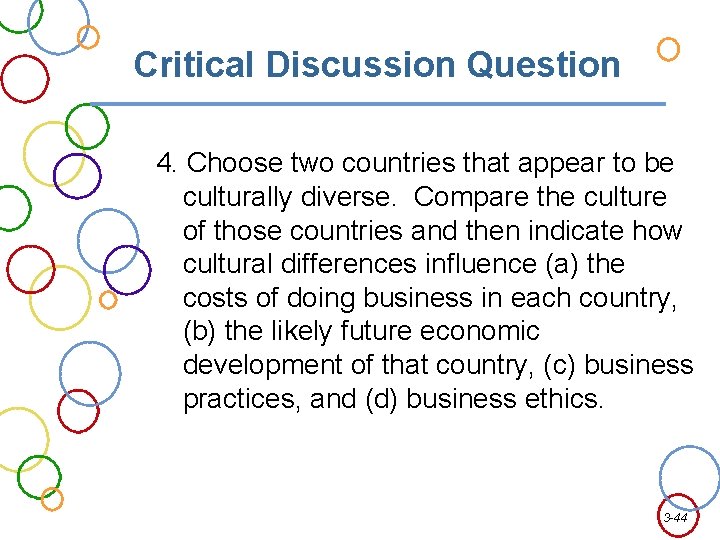 Critical Discussion Question 4. Choose two countries that appear to be culturally diverse. Compare