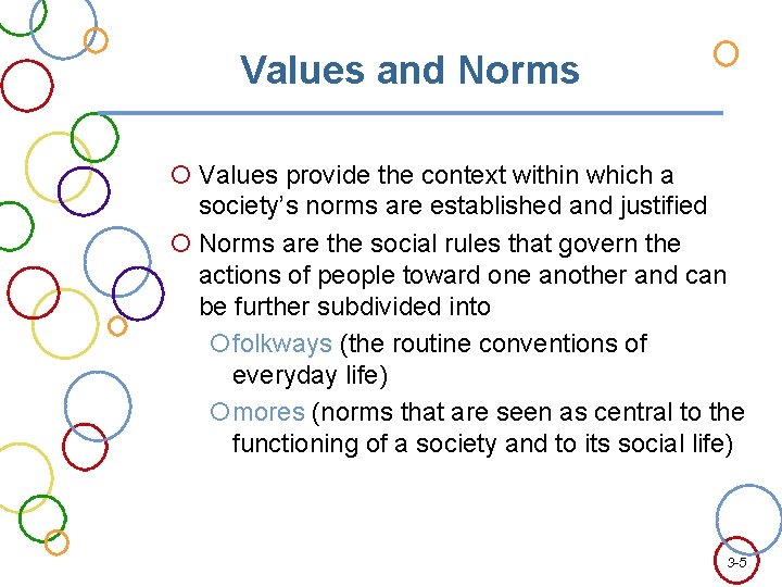 Values and Norms Values provide the context within which a society’s norms are established