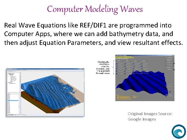 Computer Modeling Waves Real Wave Equations like REF/DIF 1 are programmed into Computer Apps,