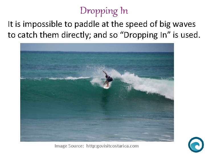 Dropping In It is impossible to paddle at the speed of big waves to