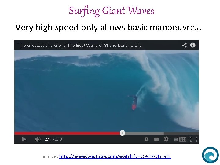 Surfing Giant Waves Very high speed only allows basic manoeuvres. Source: http: //www. youtube.