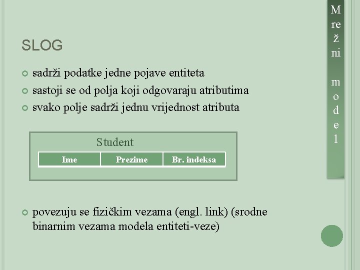 SLOG sadrži podatke jedne pojave entiteta sastoji se od polja koji odgovaraju atributima svako