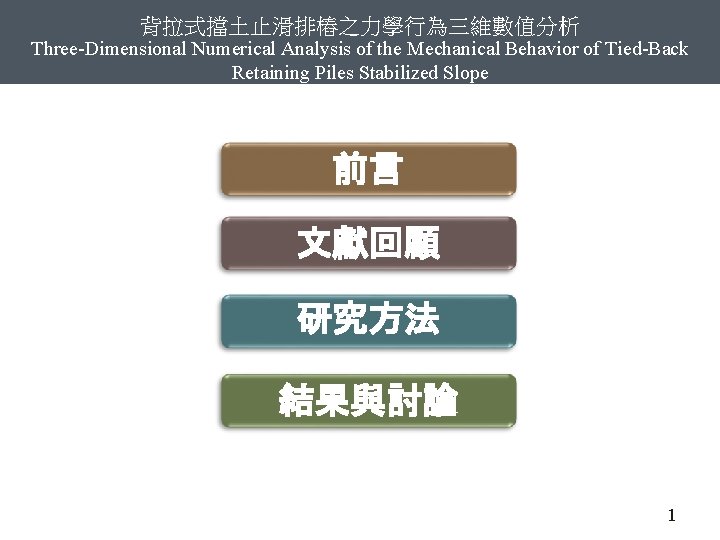 背拉式擋土止滑排樁之力學行為三維數值分析 Three-Dimensional Numerical Analysis of the Mechanical Behavior of Tied-Back Retaining Piles Stabilized Slope