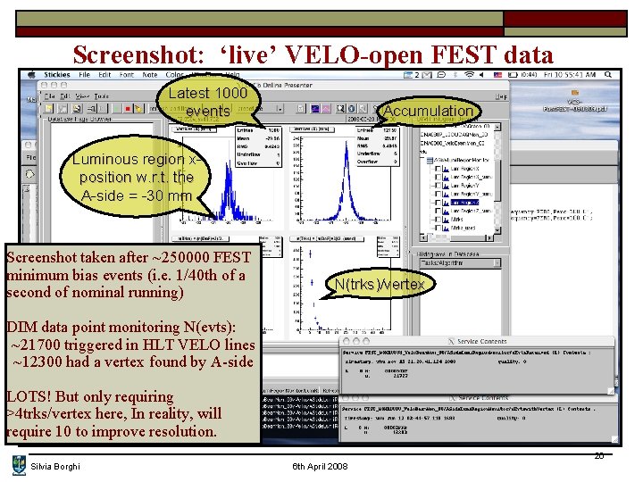 Screenshot: ‘live’ VELO-open FEST data Latest 1000 events Accumulation Luminous region xposition w. r.