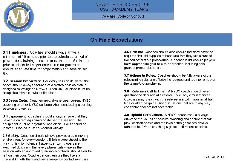 NEW YORK SOCCER CLUB USSF ACADEMY TEAMS Coaches' Code of Conduct On Field Expectations