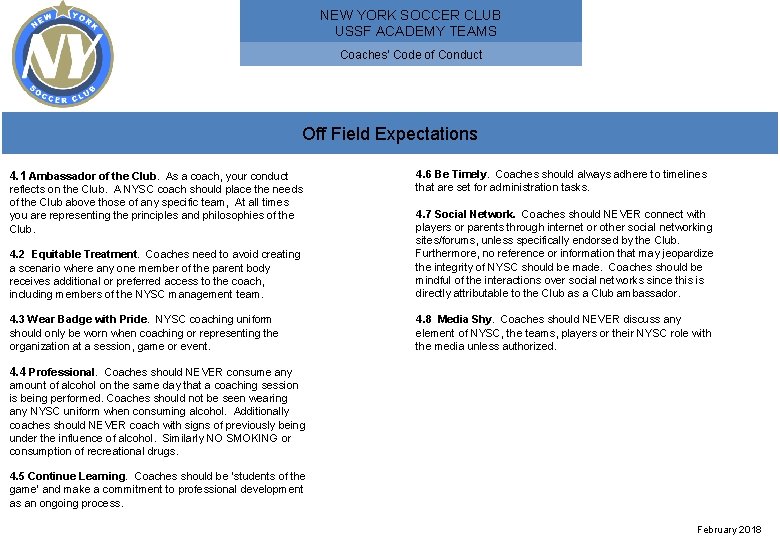 NEW YORK SOCCER CLUB USSF ACADEMY TEAMS Coaches' Code of Conduct Off Field Expectations