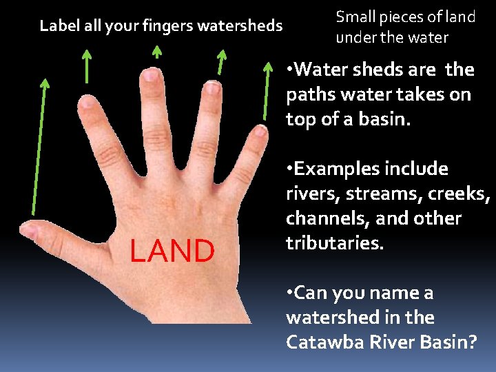 Label all your fingers watersheds Small pieces of land under the water • Water