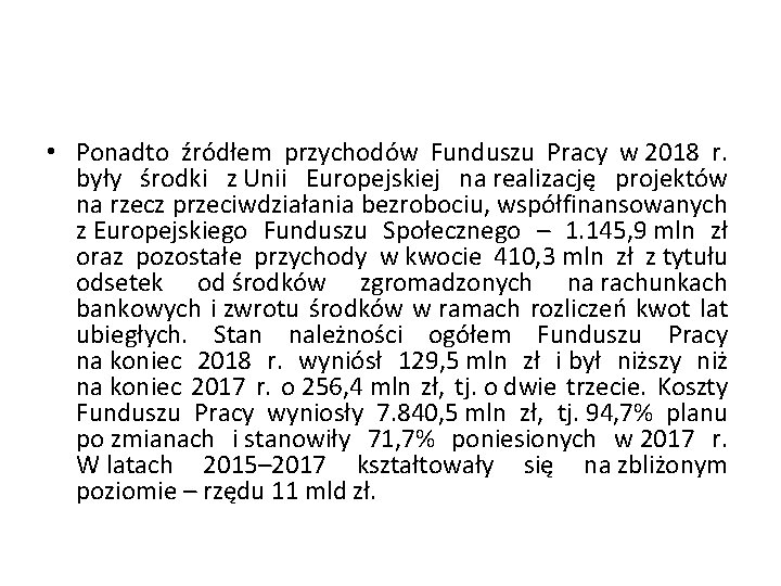  • Ponadto źródłem przychodów Funduszu Pracy w 2018 r. były środki z Unii