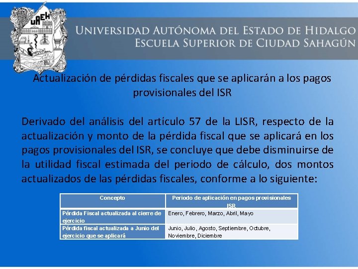 Actualización de pérdidas fiscales que se aplicarán a los pagos provisionales del ISR Derivado