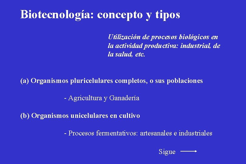 Biotecnología: concepto y tipos Utilización de procesos biológicos en la actividad productiva: industrial, de