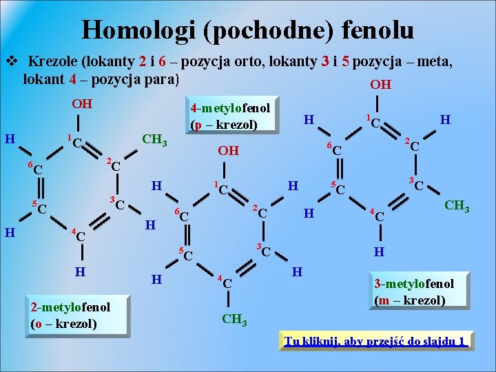 Homologi (pochodne) fenolu v Krezole (lokanty 2 i 6 – pozycja orto, lokanty 3