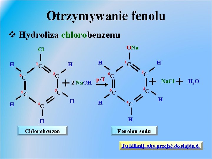 Otrzymywanie fenolu v Hydroliza chlorobenzenu ONa Cl H 1 6 H C 2 C