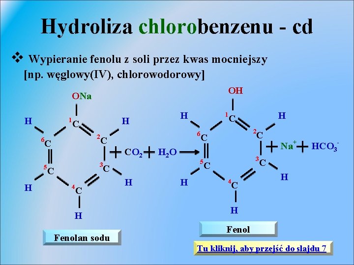 Hydroliza chlorobenzenu - cd v Wypieranie fenolu z soli przez kwas mocniejszy [np. węglowy(IV),