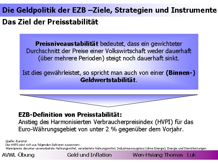 Die Geldpolitik der EZB –Ziele, Strategien und Instrumente Das Ziel der Preisstabilität Preisniveaustabilität bedeutet,