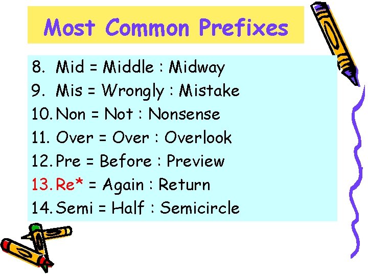 Most Common Prefixes 8. Mid = Middle : Midway 9. Mis = Wrongly : Most Common Prefixes 8. Mid = Middle : Midway 9. Mis = Wrongly :