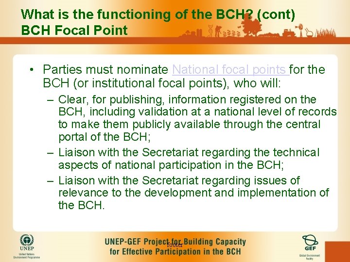What is the functioning of the BCH? (cont) BCH Focal Point • Parties must