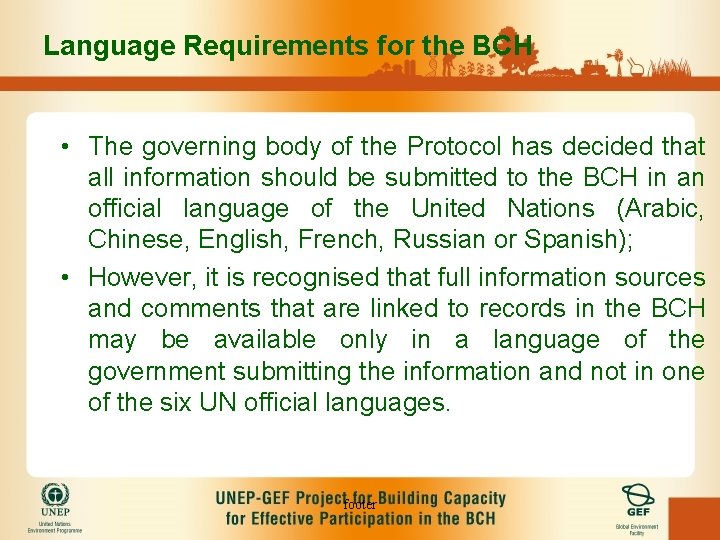 Language Requirements for the BCH • The governing body of the Protocol has decided