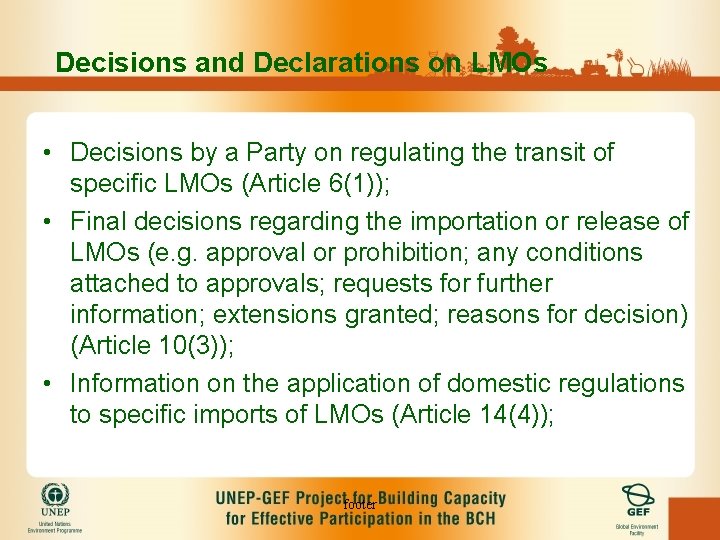 Decisions and Declarations on LMOs • Decisions by a Party on regulating the transit