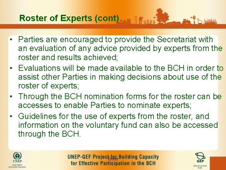 Roster of Experts (cont) • Parties are encouraged to provide the Secretariat with an