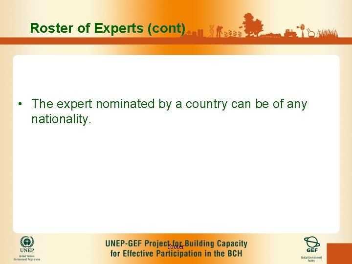Roster of Experts (cont) • The expert nominated by a country can be of
