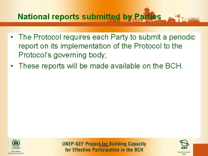 National reports submitted by Parties • The Protocol requires each Party to submit a