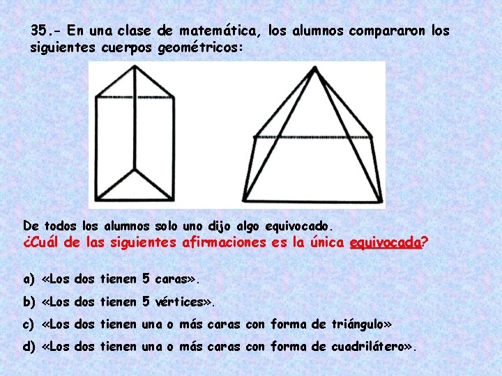 35. - En una clase de matemática, los alumnos compararon los siguientes cuerpos geométricos: