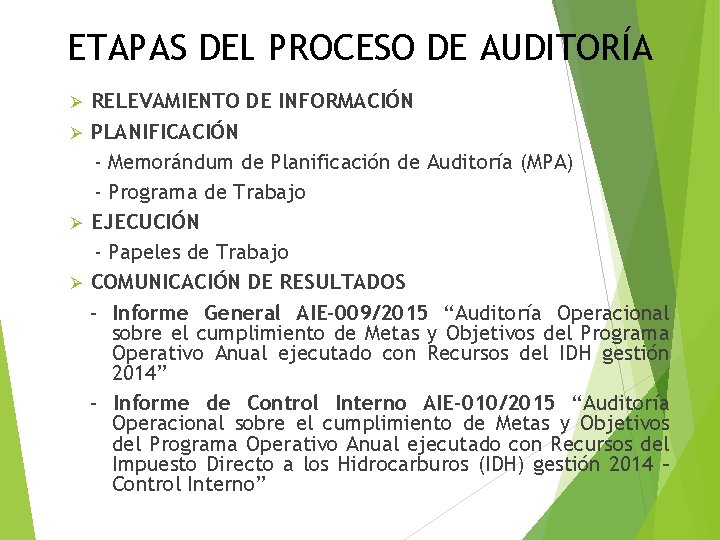 ETAPAS DEL PROCESO DE AUDITORÍA RELEVAMIENTO DE INFORMACIÓN Ø PLANIFICACIÓN - Memorándum de Planificación