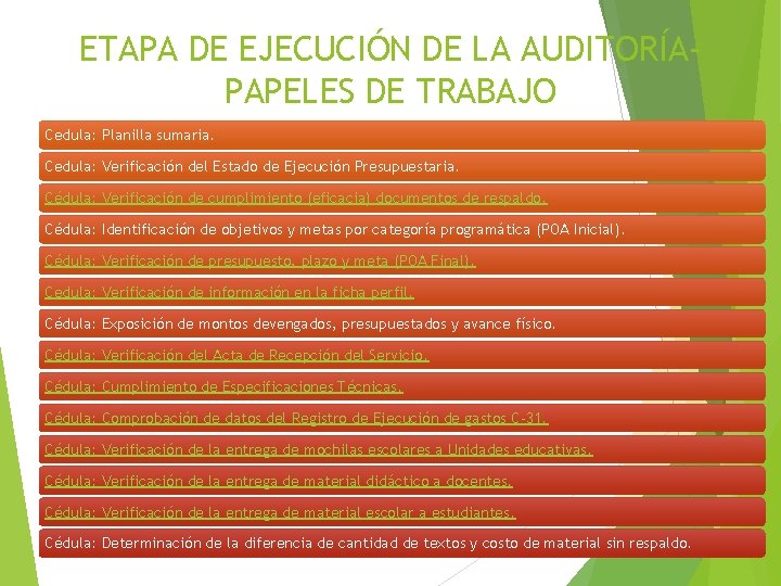 ETAPA DE EJECUCIÓN DE LA AUDITORÍAPAPELES DE TRABAJO Cedula: Planilla sumaria. Cedula: Verificación del