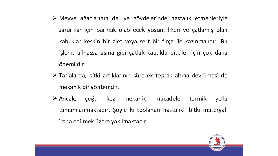 Ø Meyve ağaçlarının dal ve gövdelerinde hastalık etmenleriyle zararlılar için barınak olabilecek yosun, liken