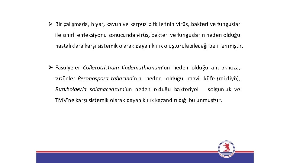 Ø Bir çalışmada, hıyar, kavun ve karpuz bitkilerinin virüs, bakteri ve funguslar ile sınırlı